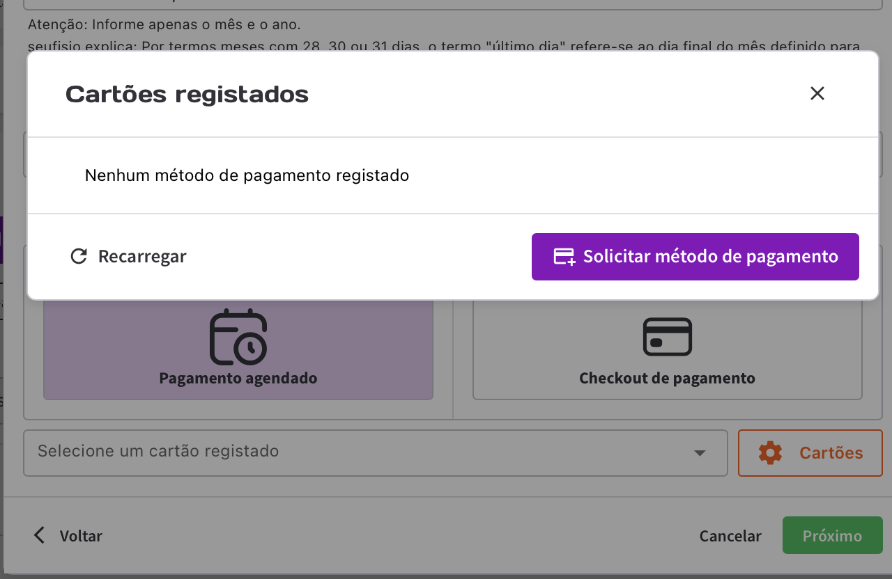 Janela Cartões registados com botão Solicitar método de pagamento