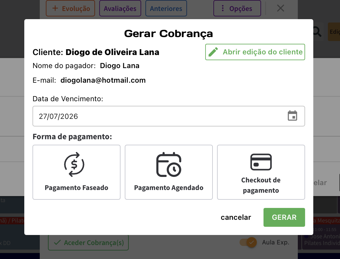 Formulário para gerar a cobrança avulsa