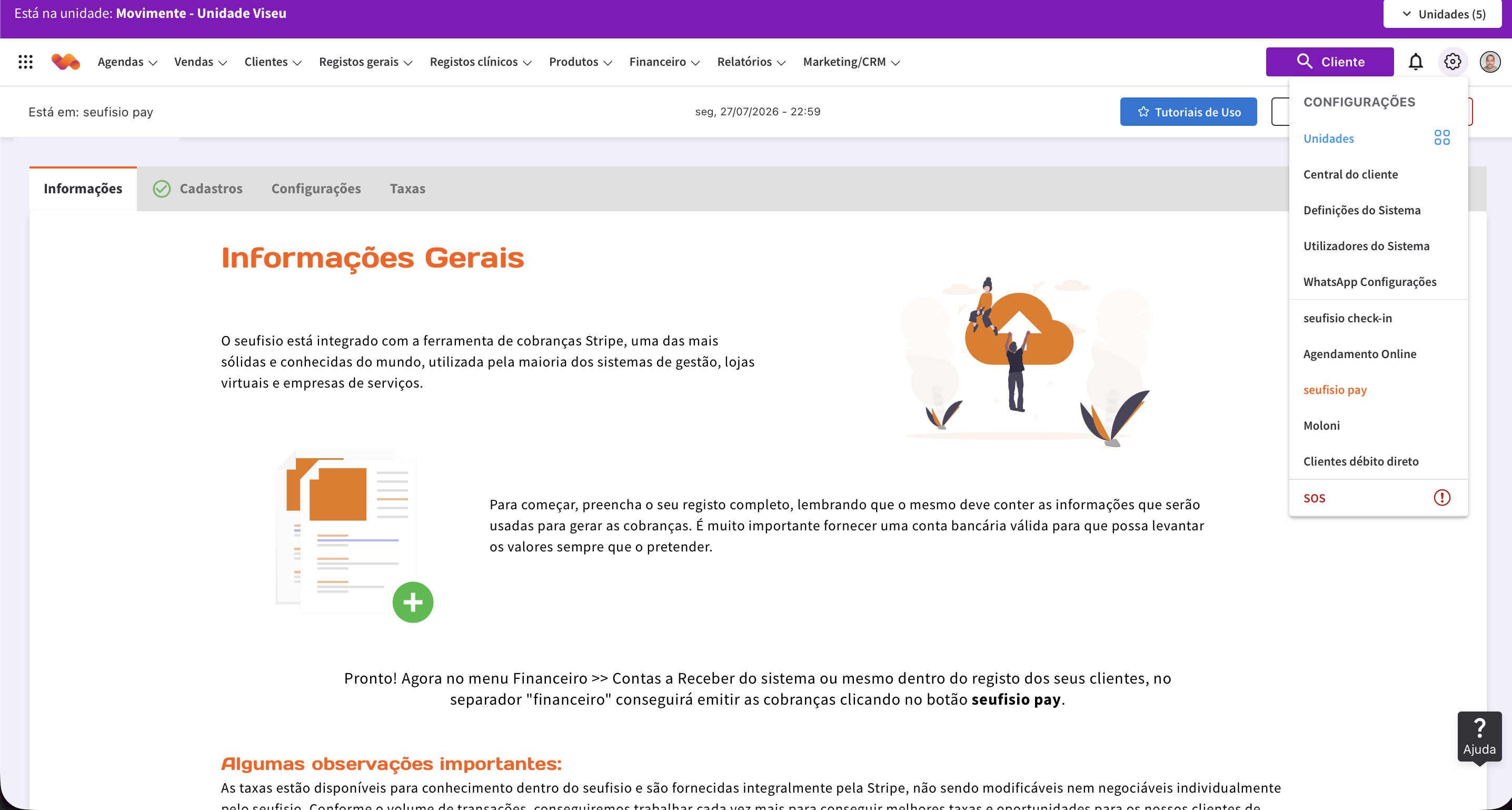 Menu de configurações do seufisio