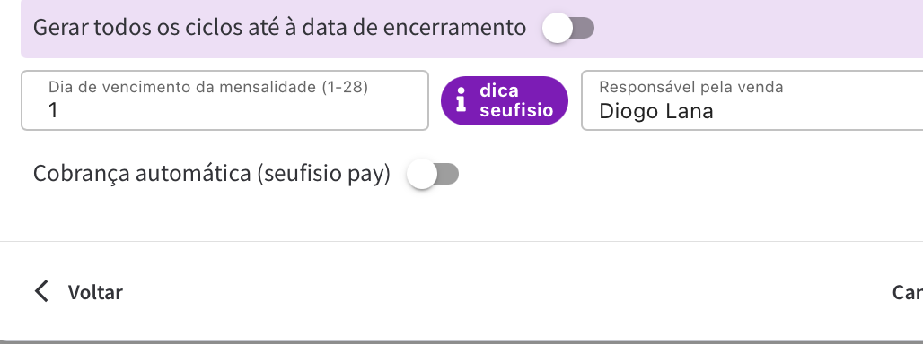 Formulário do serviço recorrente com opção Cobrança automática seufisio pay