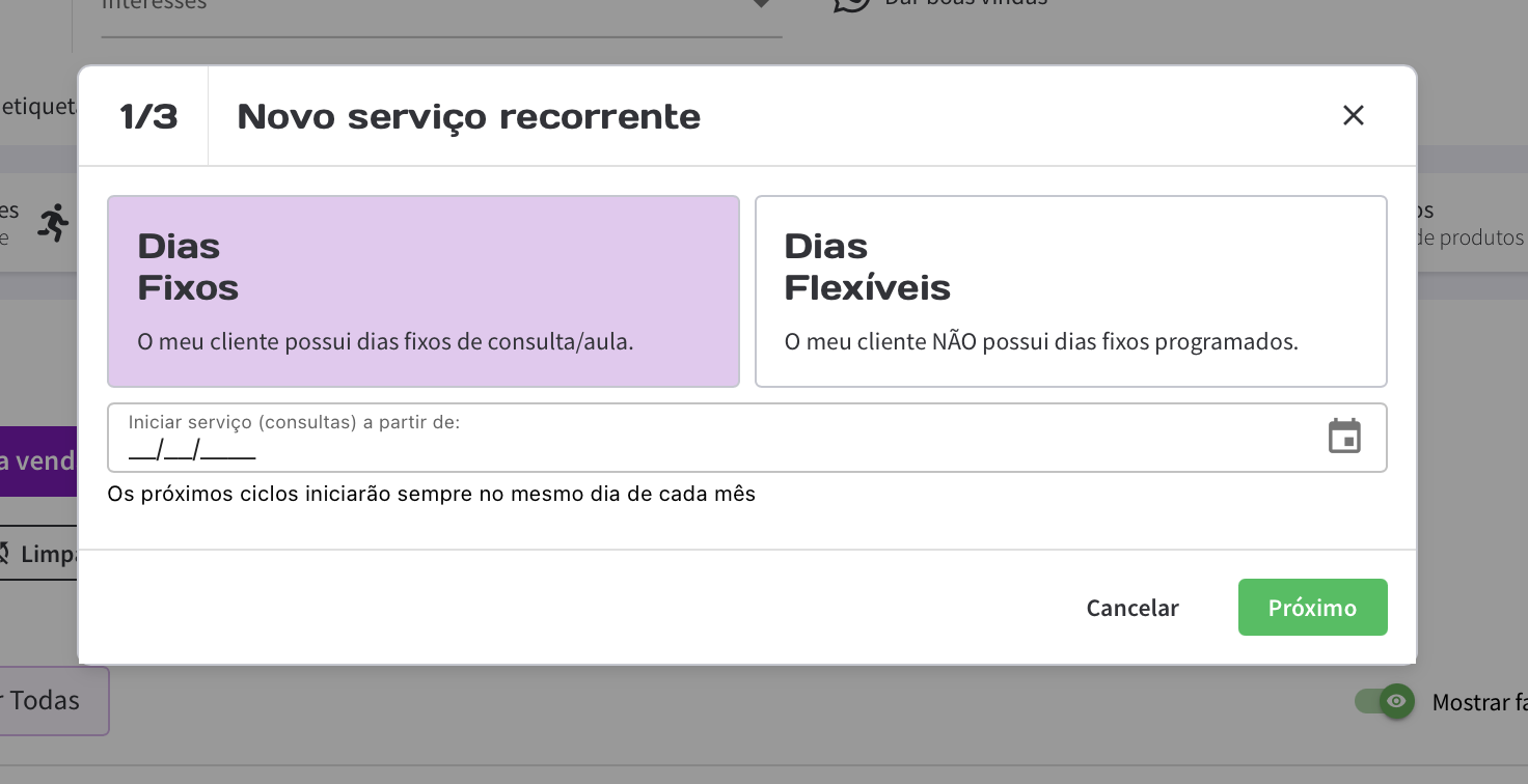 Ecrã Novo serviço recorrente com opções Dias fixos e Dias flexíveis