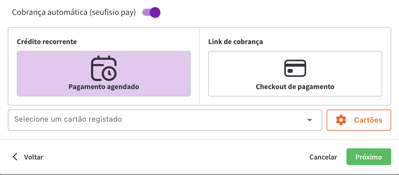 Escolha entre Crédito recorrente e Link de cobrança