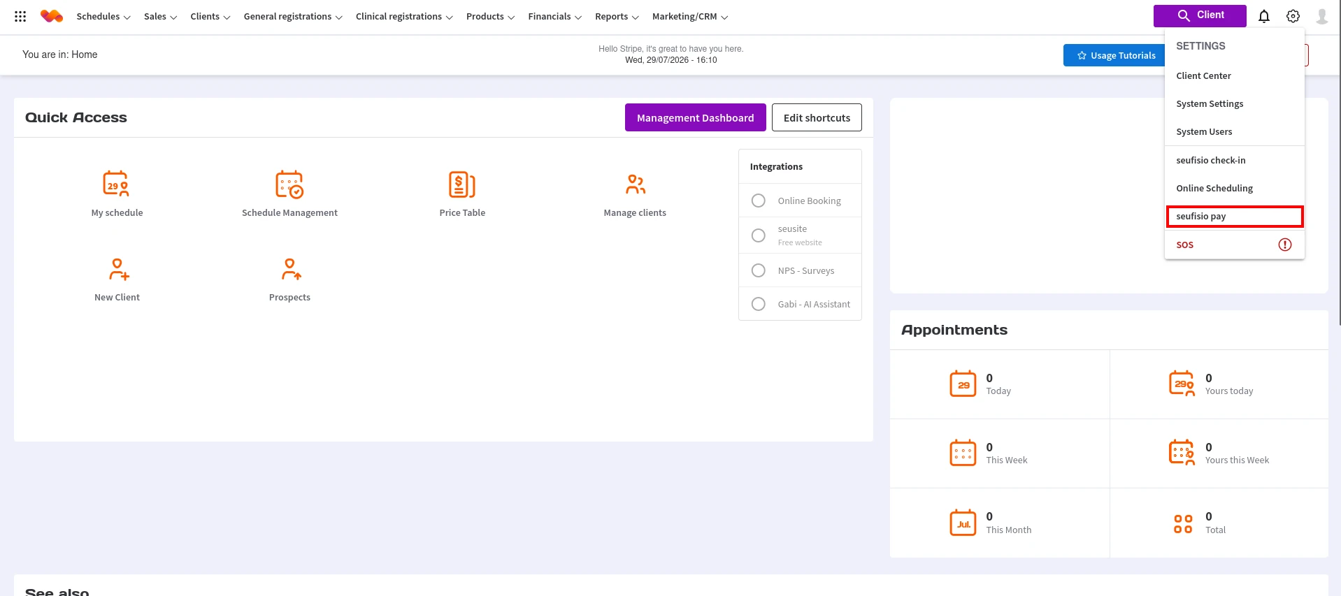 Figura 1. Menu lateral com o item seufisio pay