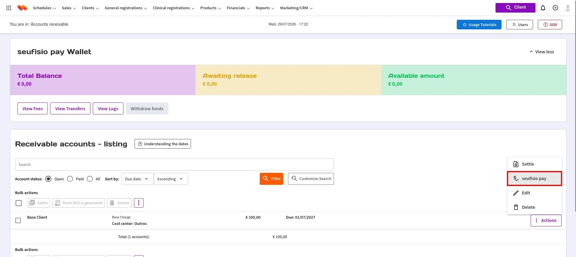 Figura 22. Menu Ações com a opção seufisio pay