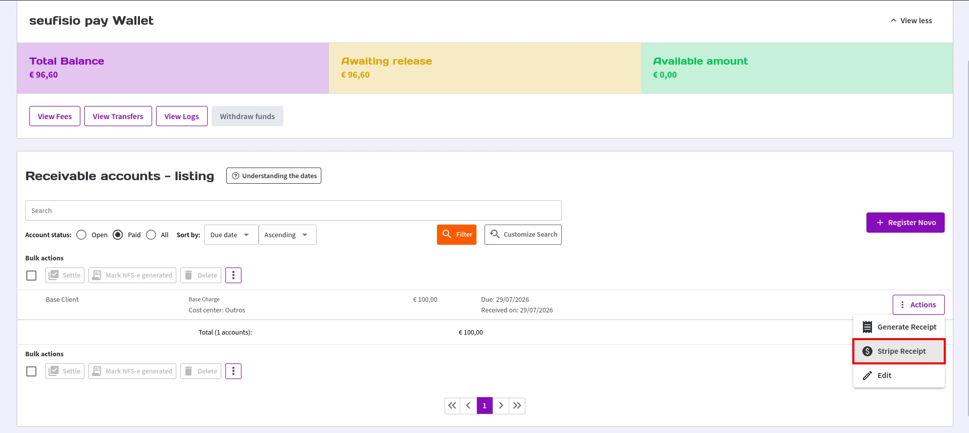Figura 37. Opção "Recibo Stripe" no menu Ações