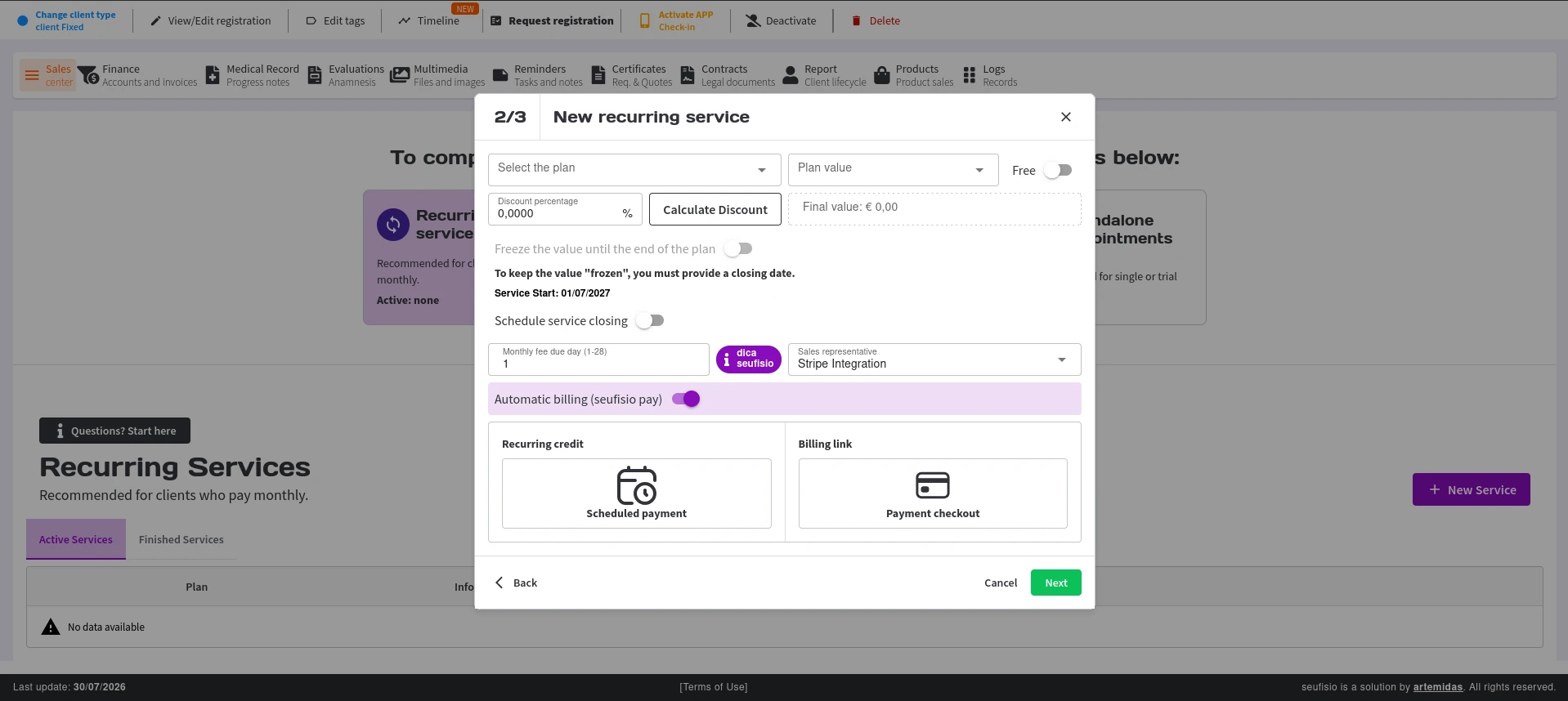 Figura 52. Serviço com cobrança automática pelo seufisio pay