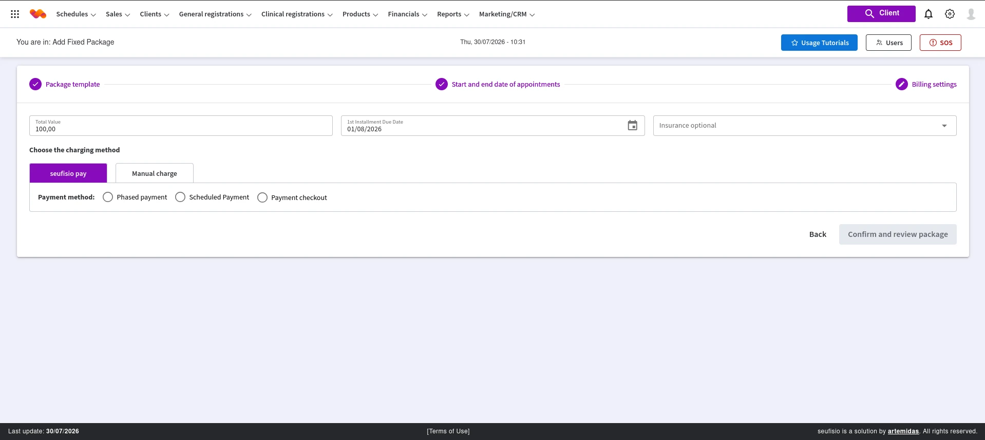 Figura 53. Configuração do cliente fixo com cobrança pelo seufisio pay